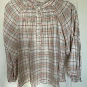 LOFT White and Orange Plaid Smocked Yoke Button Front Top